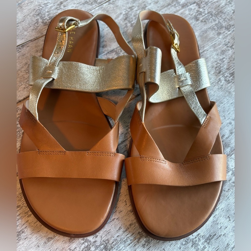 Preloved COLE HAAN Fawn Pecan Gold Leather Sandals Women's Size 10 - Picture 2 of 12